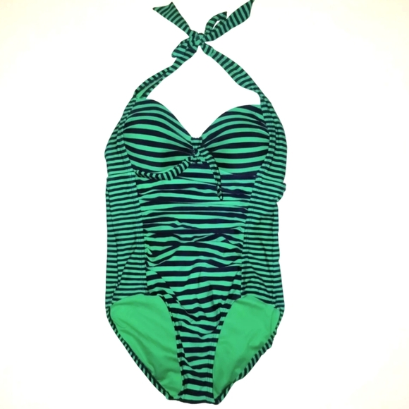 NEW MERONA Small 1 Pc Striped Green Navy Blue Halter SWIM Suit - Picture 3 of 6